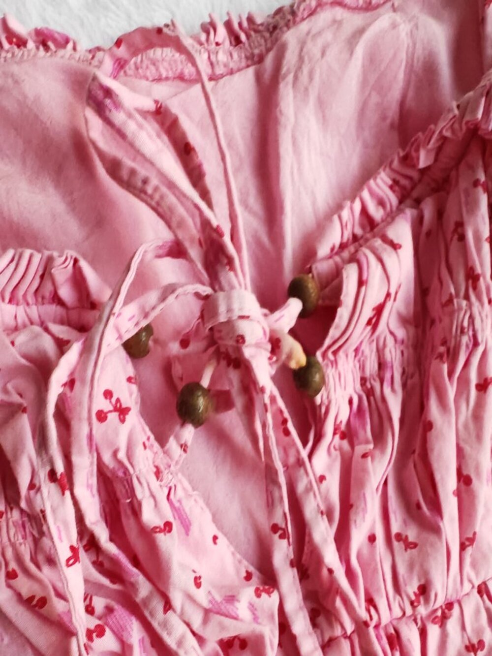 Free People Gabby Mini Dress Pink Cherry Print Size XS Boho Cottagecore Smocked - Picture 14 of 16